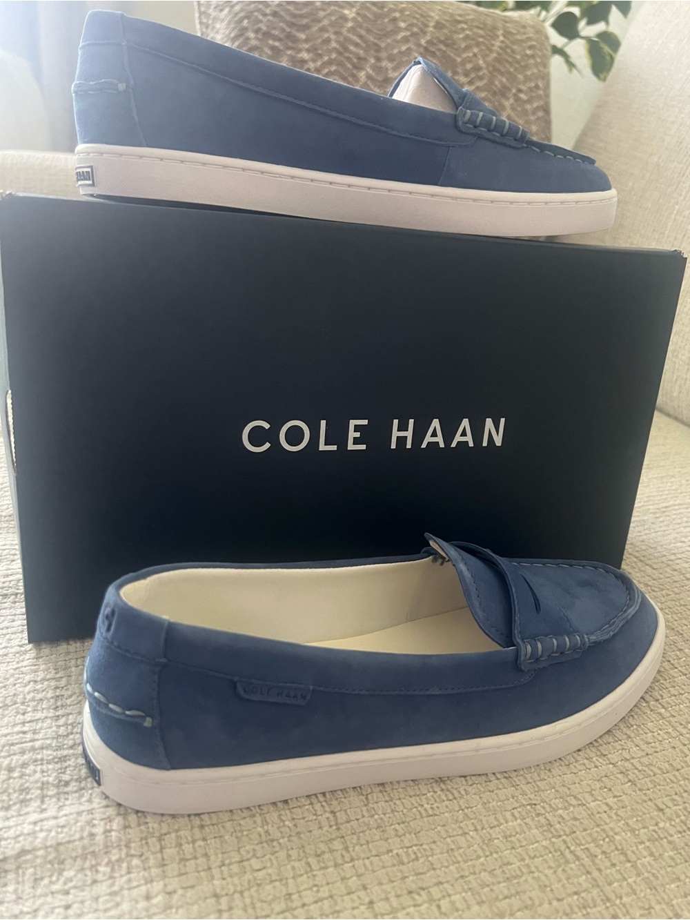 Cole Haan Navy Nubuck Slip-On Loafers with White Sole